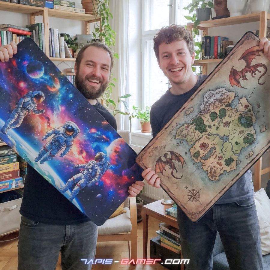 Deux clients montrent leurs tapis de souris XXL : astronautes dans l'espace et carte fantasy avec dragons