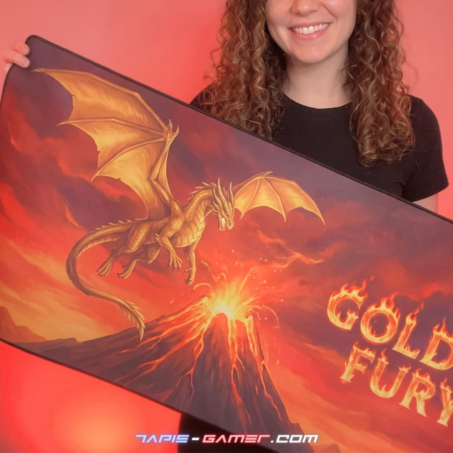 Tapis de souris XXL personnalisé dragon doré et volcan « Golden Fury »