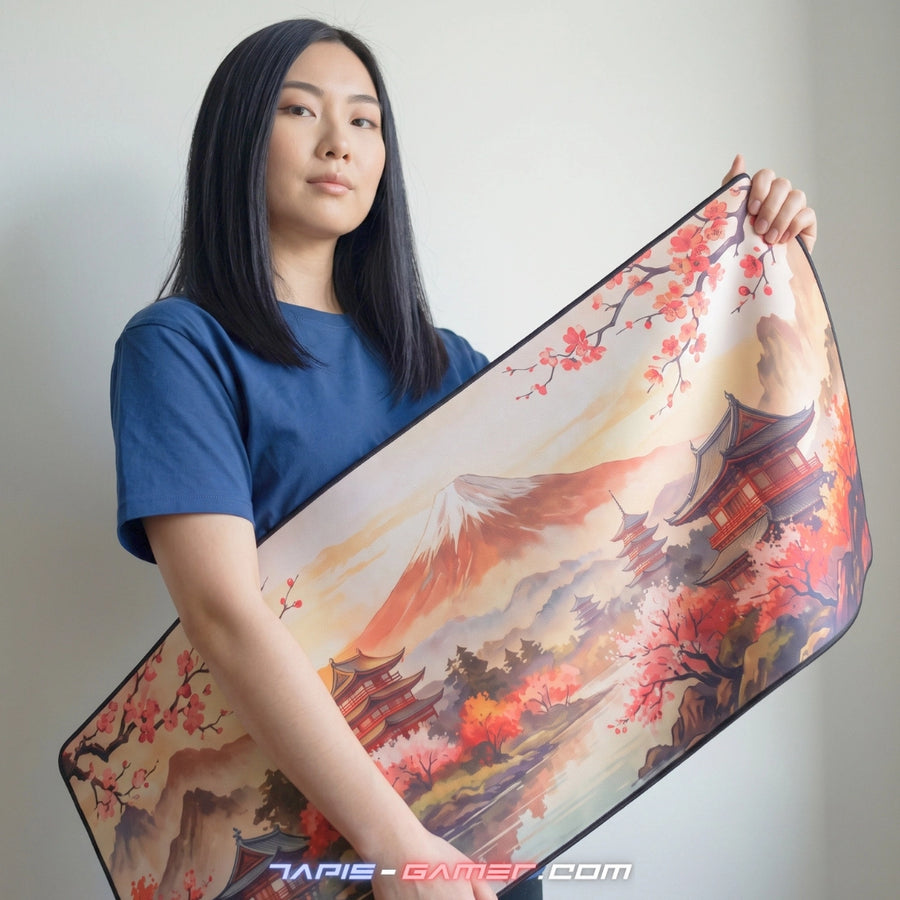 Tapis de souris XXL japonais : mont Fuji, temples et cerisiers en fleurs